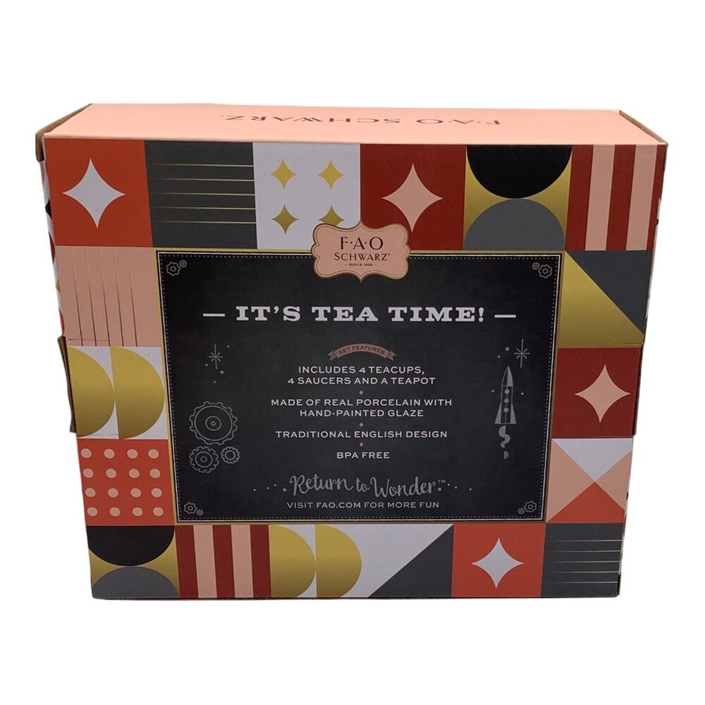 FAO Schwarz 9-Piece Ceramic Tea Party Set For Kids Hand Glazed Porcelain Teapot - Picture 7 of 7